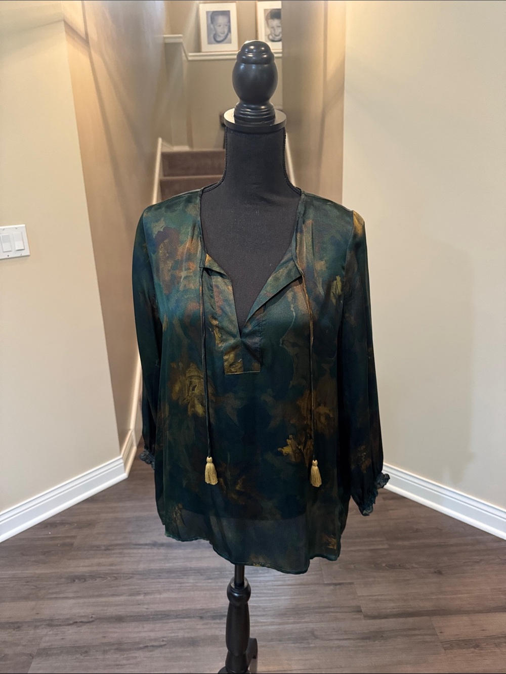 Johnny Was Dark Green Floral Satin Tassel Tie Blouse